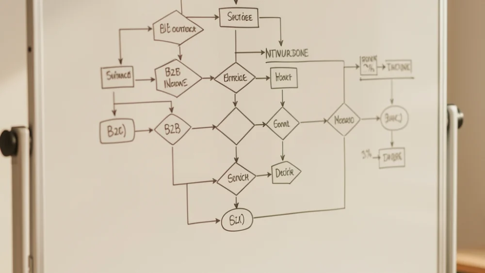 Whiteboard with complex B2B outreach sequence flowchart showing branching logic paths