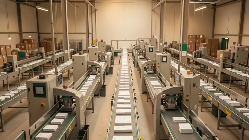 Overhead view of automated mail sorting facility with conveyor belts and scanning equipment