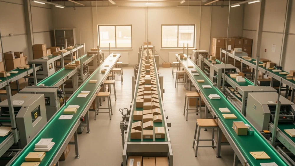 Automated mail sorting facility with conveyor belts and warm overhead lighting