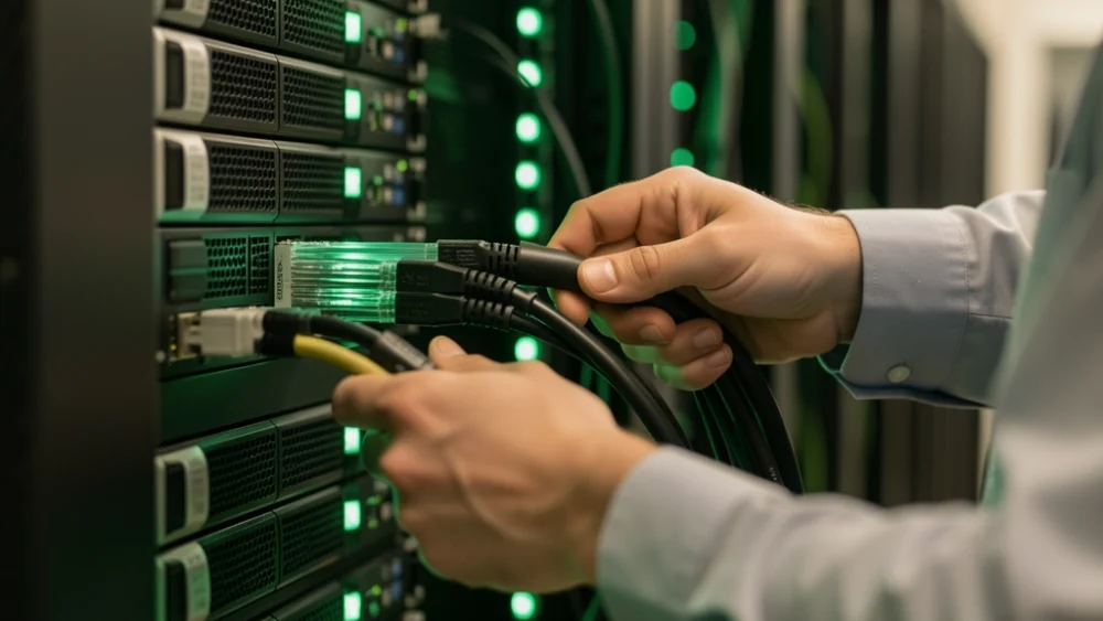 Close-up of hands connecting a cable to a server rack, symbolizing owned infrastructure.