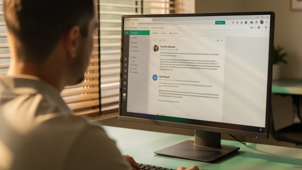 Agency operator reviewing cold email sequences on a widescreen monitor in natural office light