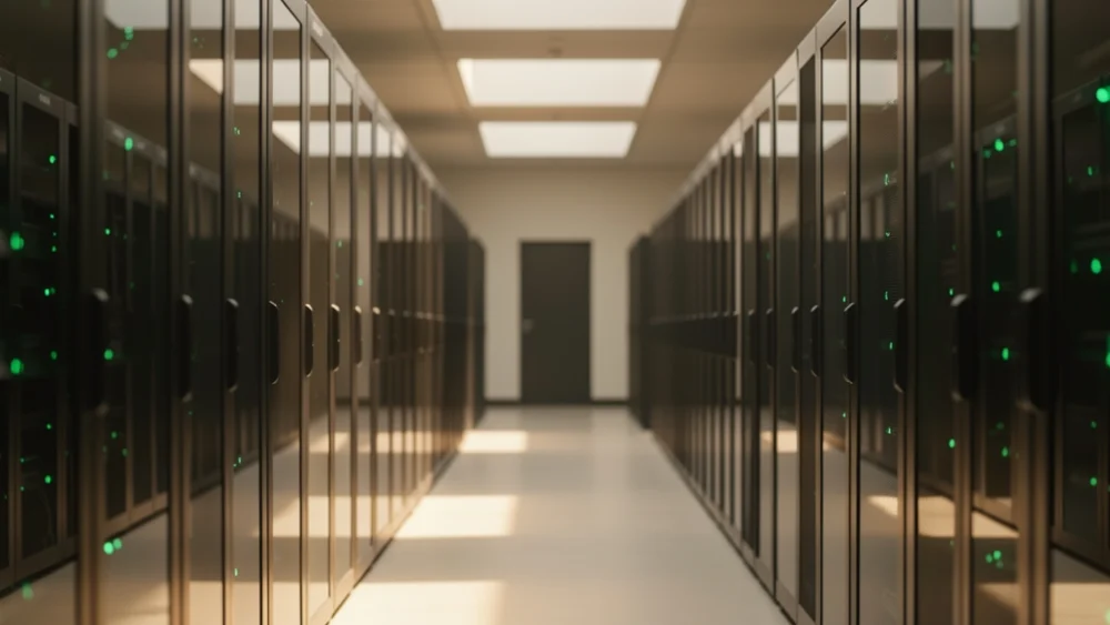 Server room corridor with emerald green LED indicators representing owned email infrastructure