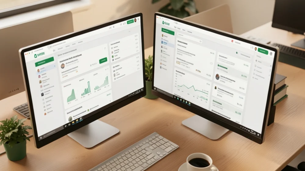 Overhead view of agency workspace with multiple client campaign monitors