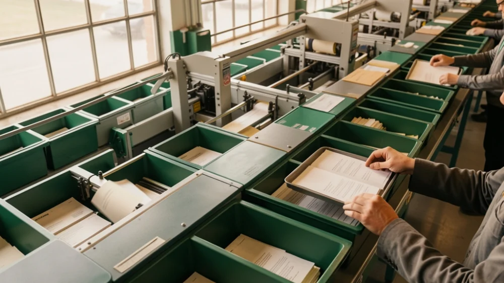 Overhead view of automated mail sorting facility with emerald-green bins and warm natural lighting