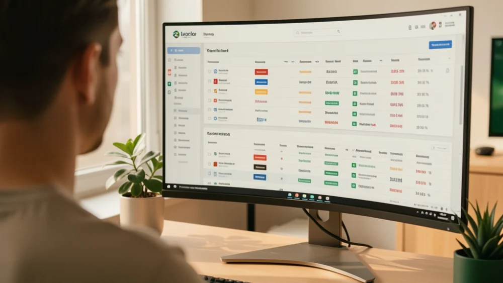 Agency operator managing multiple client sending domains on an ultrawide monitor