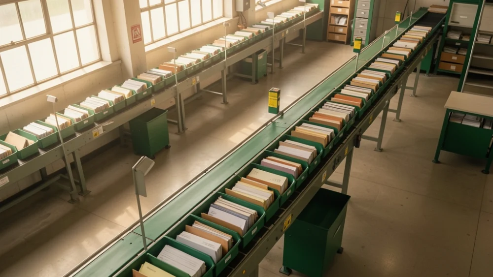 Overhead view of mail sorting facility with conveyor belts and letter trays