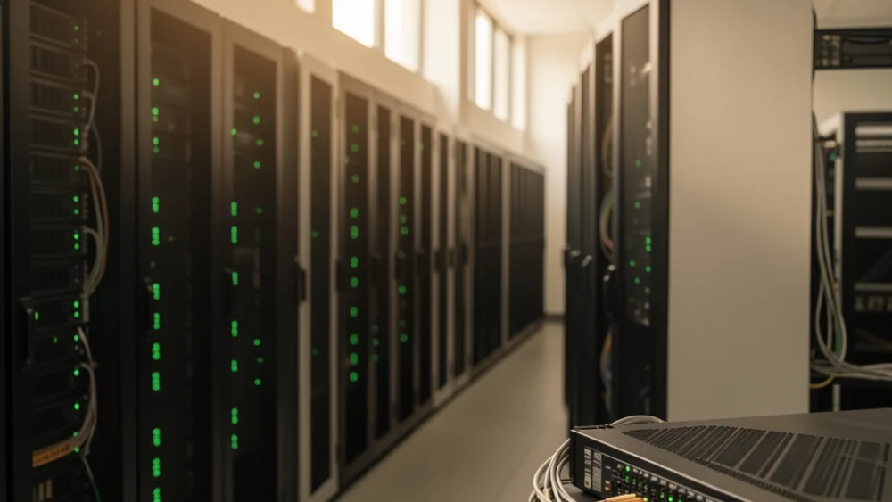 Server room corridor with emerald-green status lights representing owned deliverability infrastructure