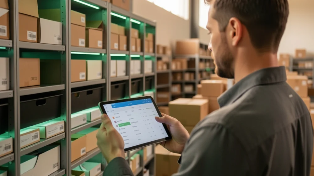 Mail distribution center operator managing high-volume outbound logistics with tablet