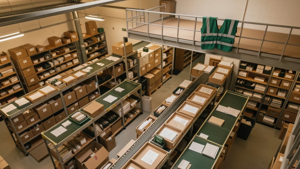 Overhead view of a mail sorting facility with conveyor belts and organized bins