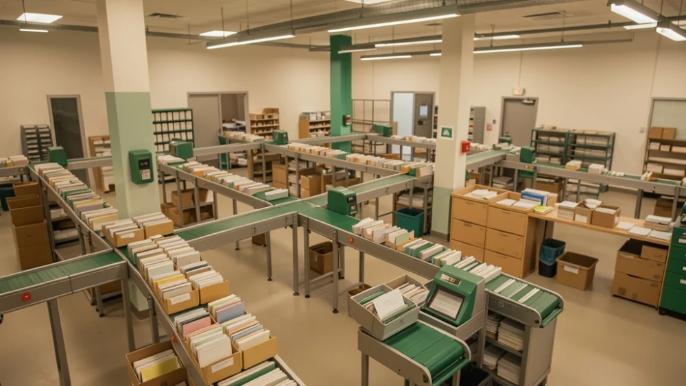 Overhead view of a high-volume mail sorting facility with organized letter trays on conveyor belts