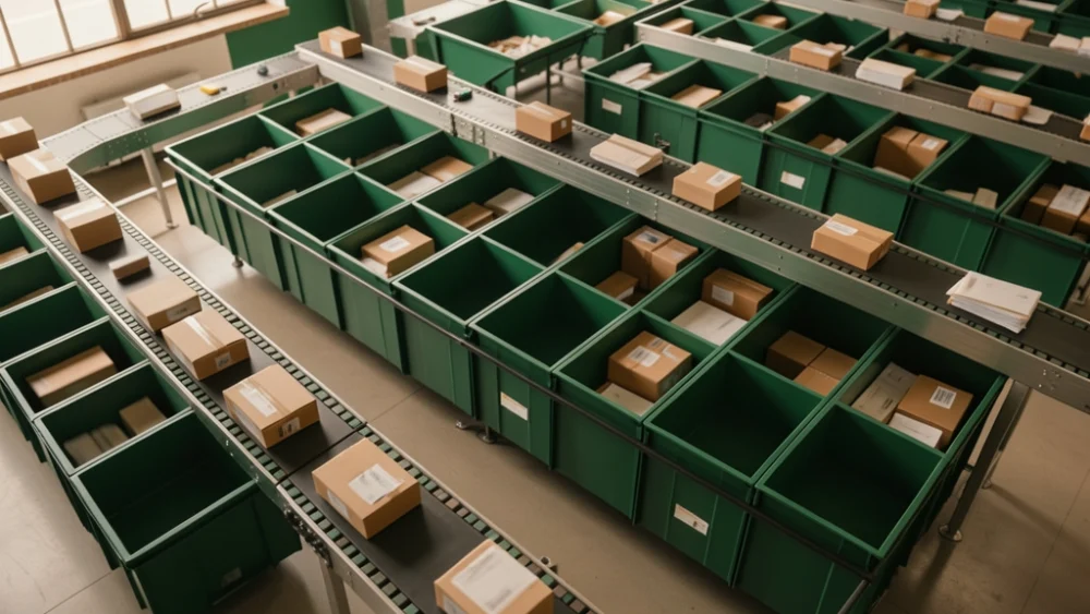 Overhead view of automated mail sorting facility with emerald-green bins and warm natural lighting