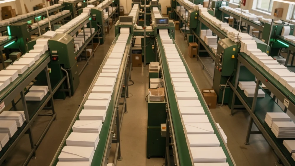 Multiple conveyor belts distributing mail across different paths in a sorting facility