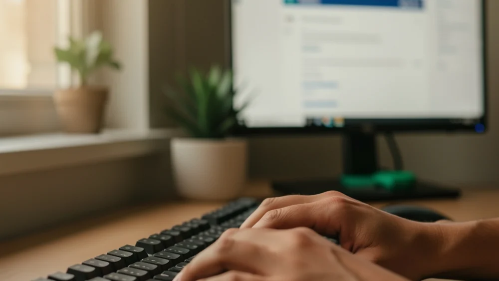 Hands typing cold email copy on a mechanical keyboard in a focused workspace