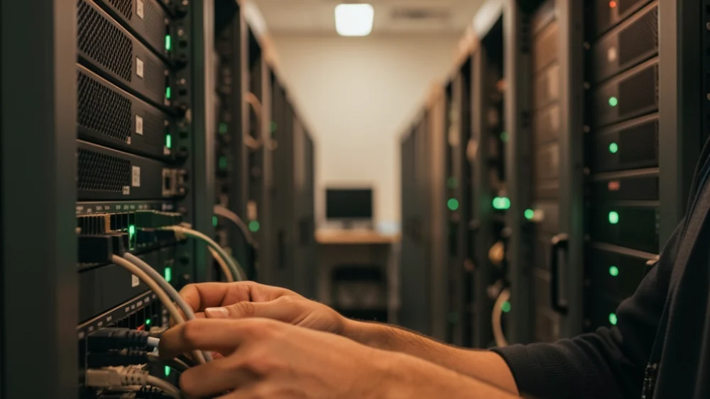 Network technician adjusting server infrastructure in a data center operations room