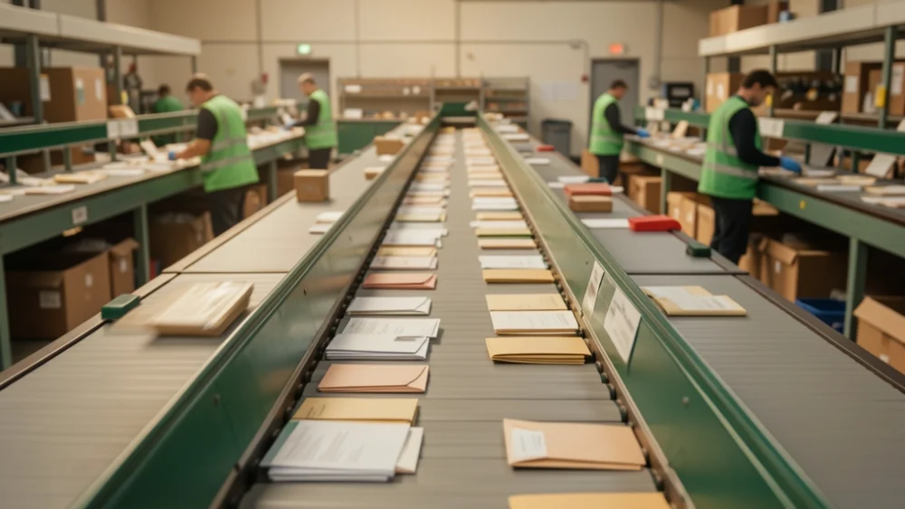 Overhead view of mail sorting conveyor belt in warm natural light