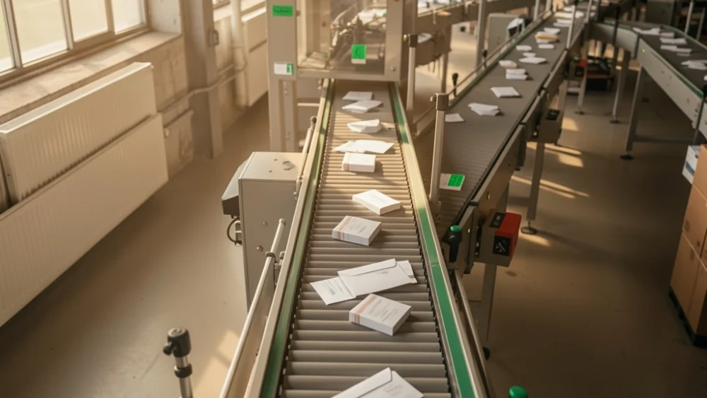 Overhead view of mail sorting conveyor belt in warm industrial light