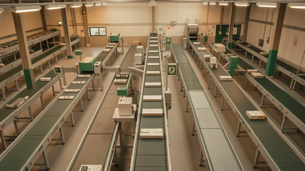 Automated mail sorting facility with conveyor belts and scanning equipment