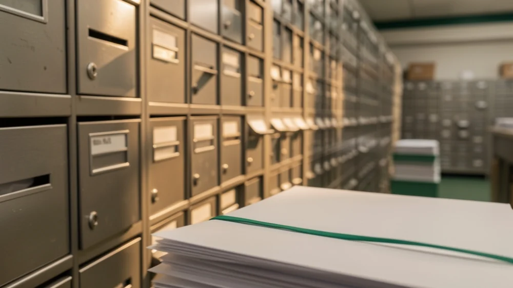 Mailroom sorting facility with organized rows of mail slots and stacked envelopes