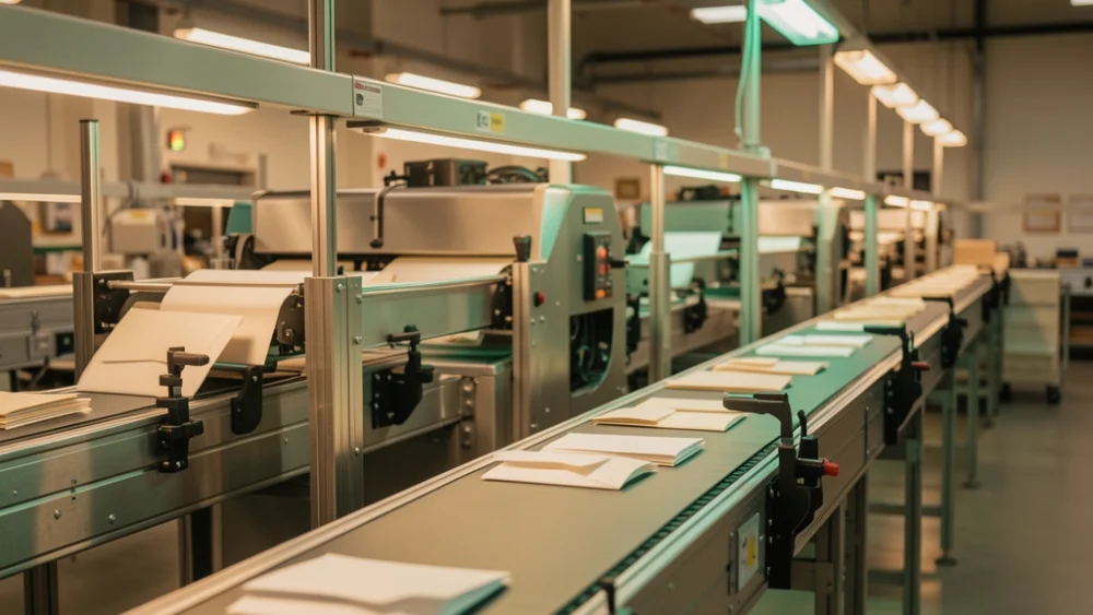 Automated mail sorting facility with conveyor belts and warm industrial lighting