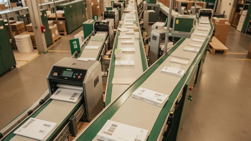 Overhead view of automated mail sorting facility with conveyor belts and scanning equipment