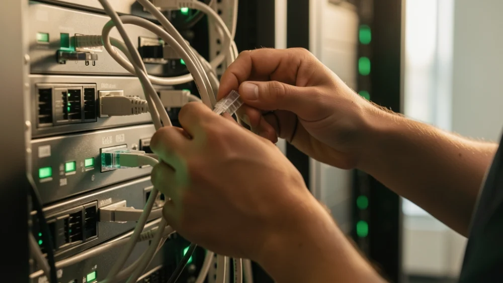 Network technician adjusting server cables with green LED indicators