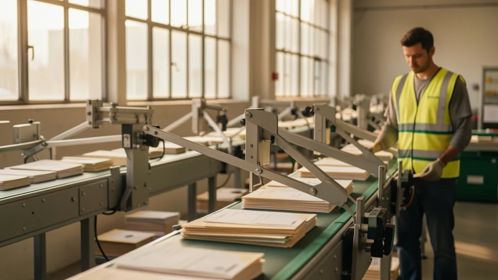 Overhead view of automated mail sorting on conveyor belts in a distribution facility