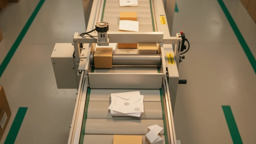 Overhead view of a mail sorting facility conveyor belt with warm lighting