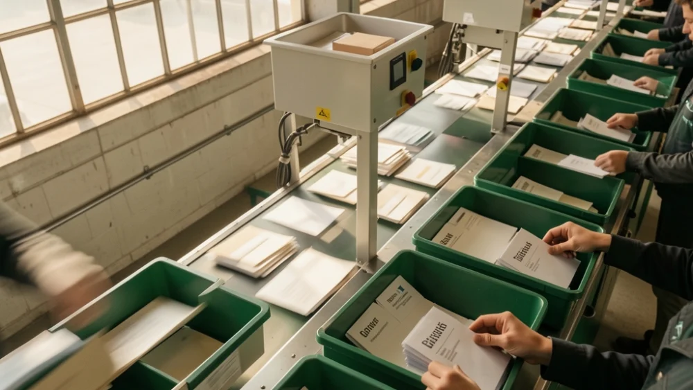 Overhead view of hands sorting mail in a facility with emerald-green industrial equipment