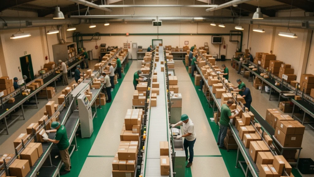 Overhead view of a mail sorting facility conveyor system with emerald green floor markings