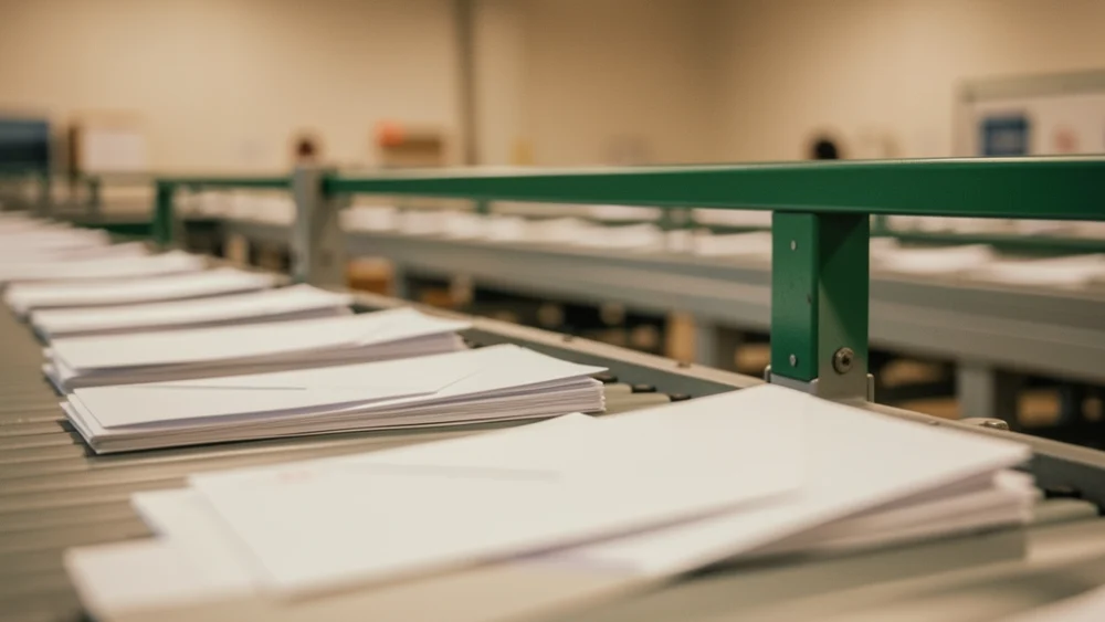 Envelopes on a sorting facility conveyor belt representing email deliverability and inbox placement