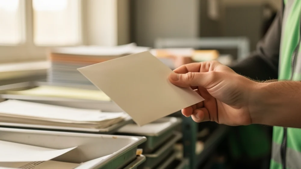 Hand holding envelope in mail sorting facility with natural light