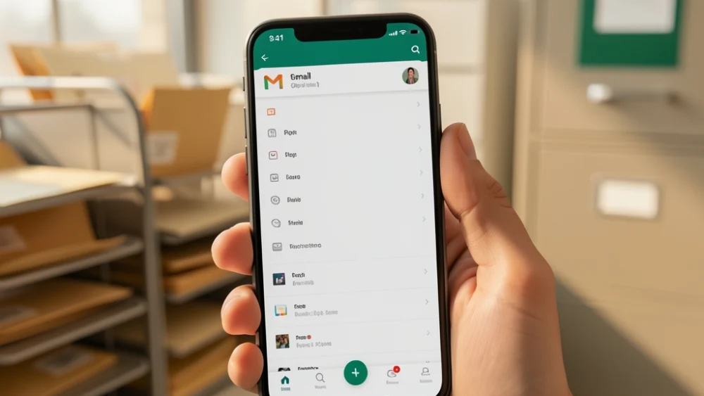 Hand holding smartphone with Gmail app in modern mailroom setting