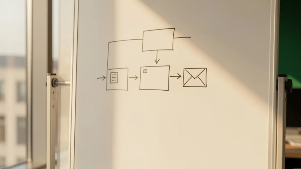 Whiteboard with hand-drawn email infrastructure flowchart in warm natural light with emerald green marker