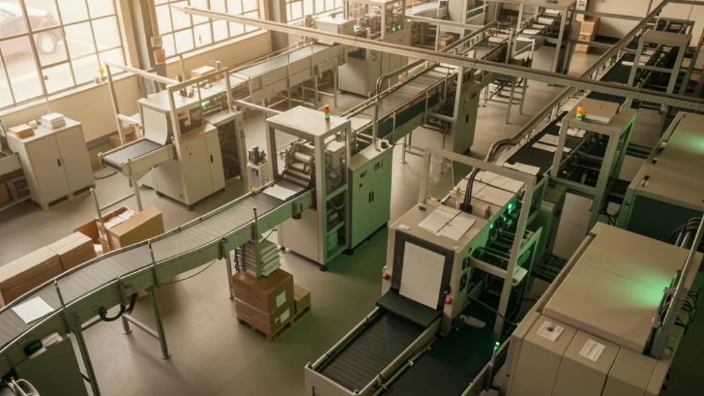 Industrial mail sorting facility with emerald green lighting accents