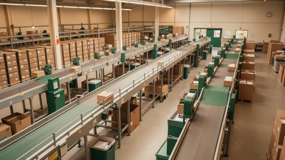 Overhead view of automated mail sorting facility with conveyor belts and warm industrial lighting