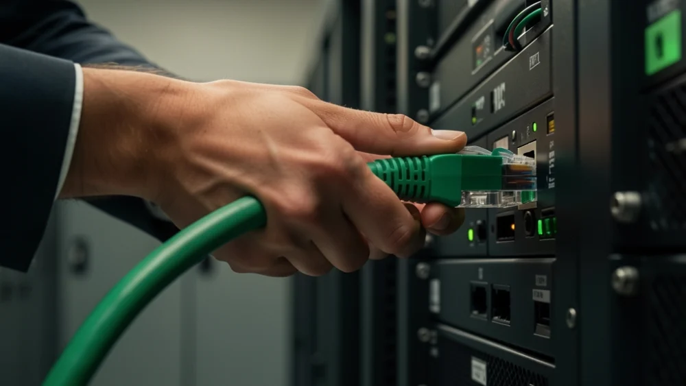 A server room with networking hardware, representing email sending infrastructure.