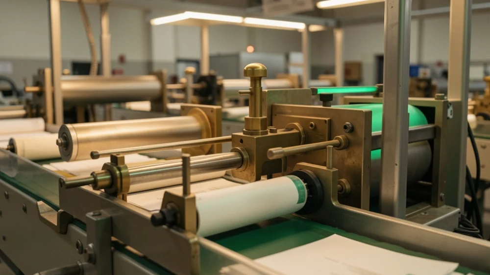 Close-up of industrial mail sorting machinery with warm lighting and emerald-green accent