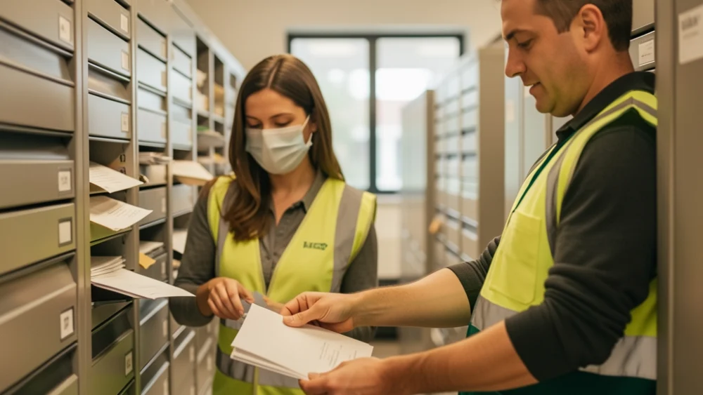 Postal worker sorting mail in a modern facility with warm lighting