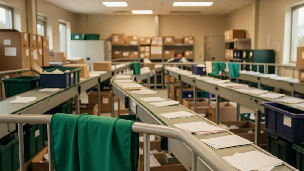 Mail sorting facility with conveyor belts and organized bins