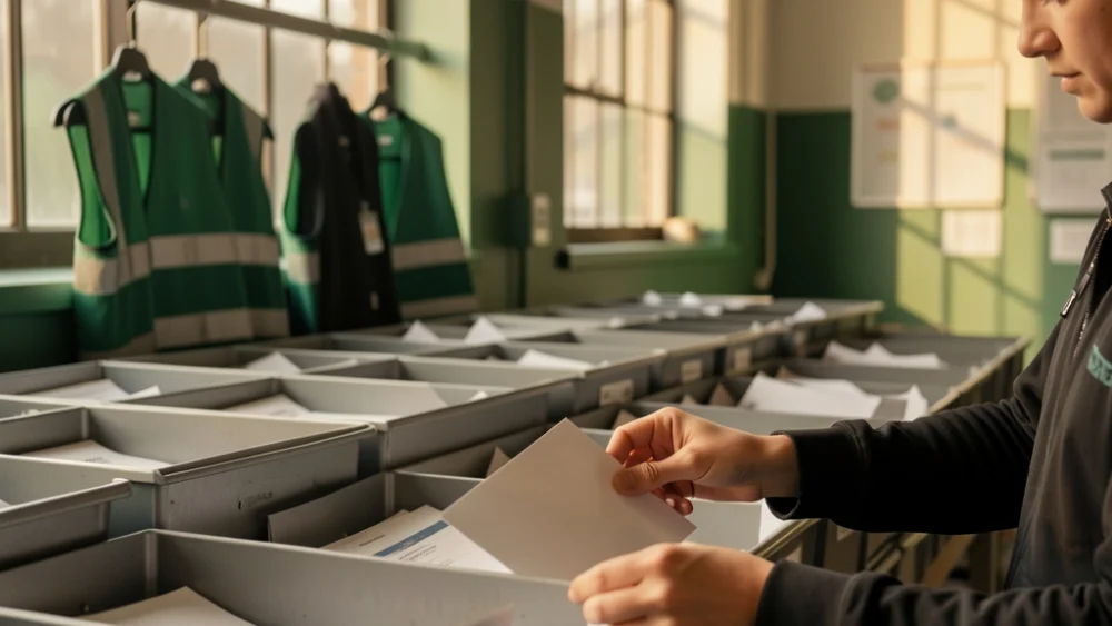 Postal worker sorting mail in a modern mailroom facility with warm natural lighting