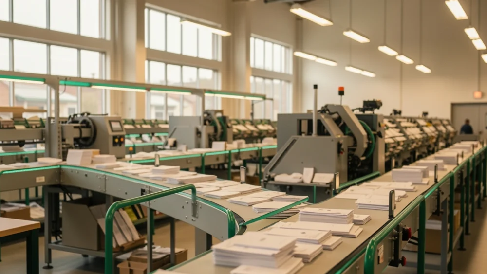 High-volume mail sorting facility with warm industrial lighting