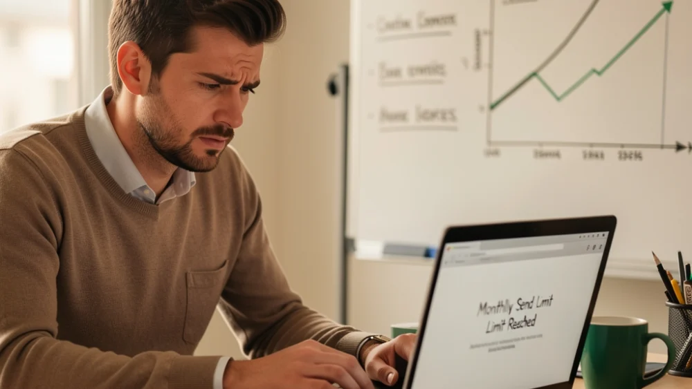 Agency marketer frustrated by a cold email sending limit alert on their laptop screen.
