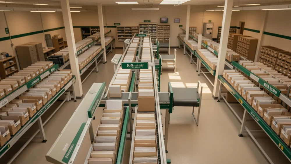 Overhead view of a mail sorting facility with organized letter trays and conveyor belts