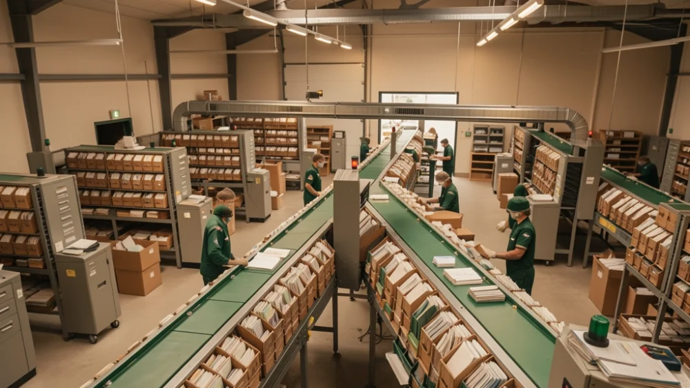Overhead view of industrial mail sorting facility with conveyor belts and organized letter trays