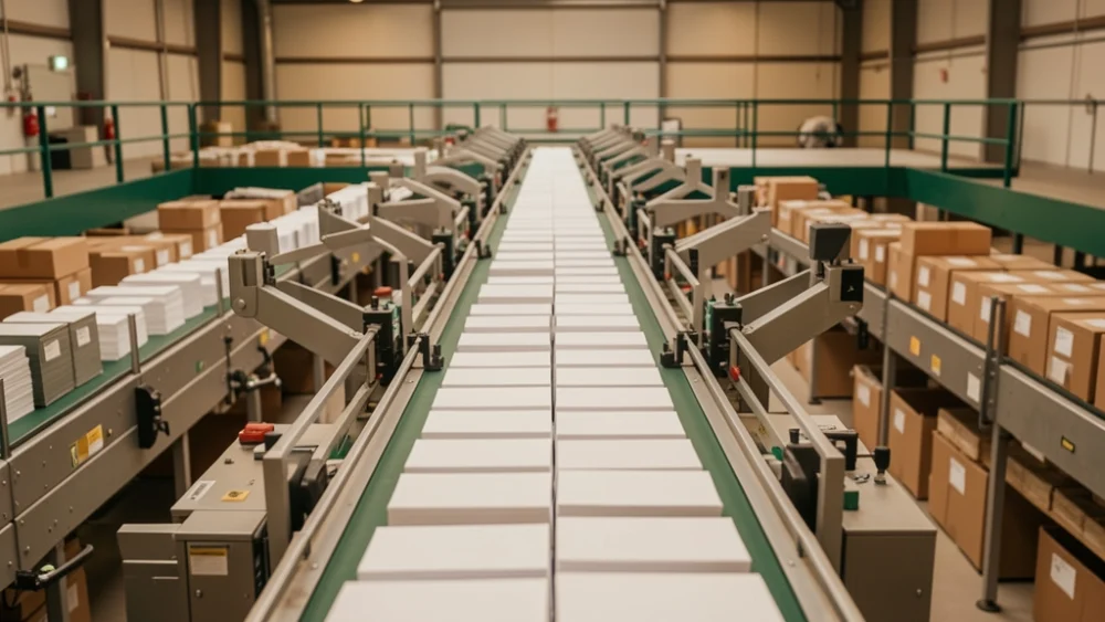 Overhead view of industrial mail sorting facility conveyor belt with white envelopes