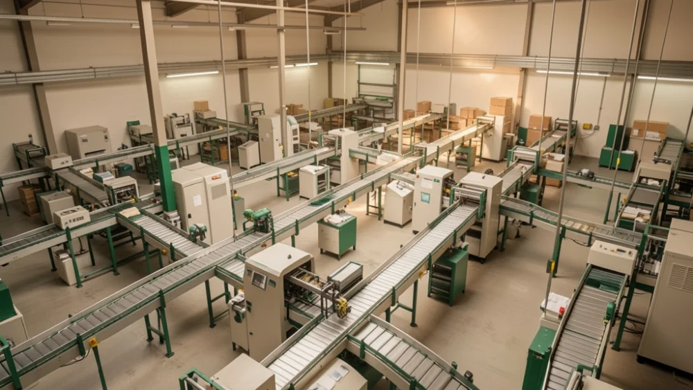 Overhead view of automated mail sorting facility with conveyor belts and machinery