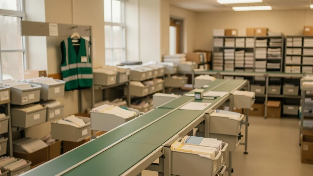 Mailroom conveyor system with organized letter trays and warm industrial lighting