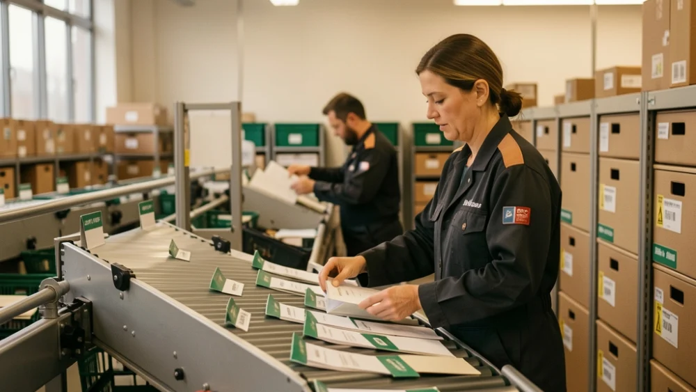 Mailroom sorting facility with conveyor belts and labeled bins for high-volume email operations