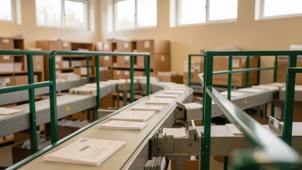 Envelopes moving through an automated mail sorting facility with emerald-green safety accents