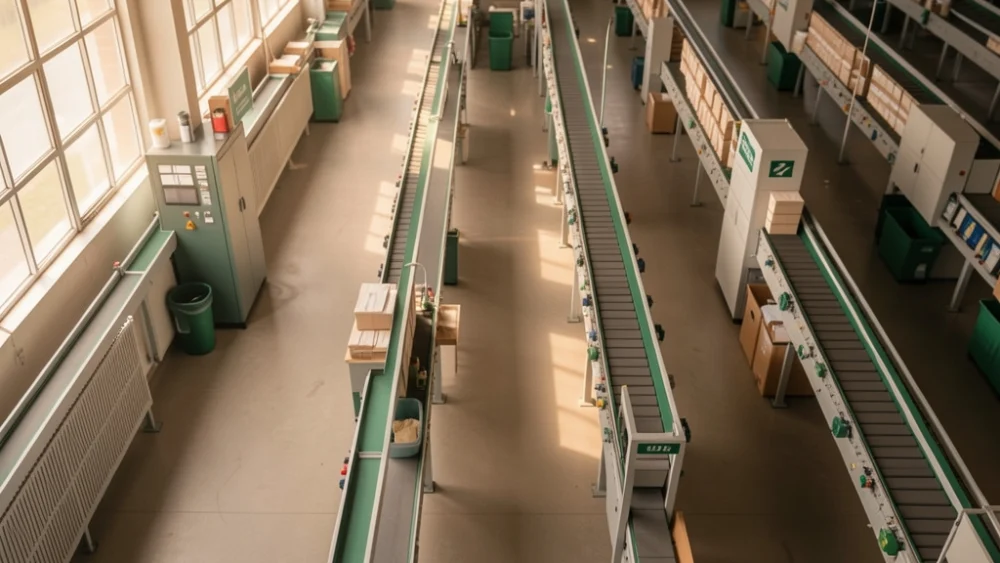 Overhead view of automated mail sorting facility with warm natural lighting